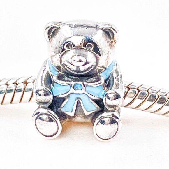 Pandora It's a Boy Sterling Silver Teddy Bear Charm With Blue Ribbon - Picture 1 of 6
